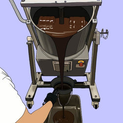An illustration of a Monsoon Chocolate chocolate maker pouring liquid chocolate into a large metal container